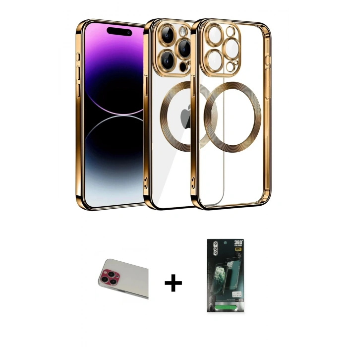 MARSİLYAN™- iPhone 13 Pro Max Kılıf Pusula Form - Şeffaf 360 Full Body Arka Koruyucu + Rainbow Kamera Lens Koruma Cam - KI
