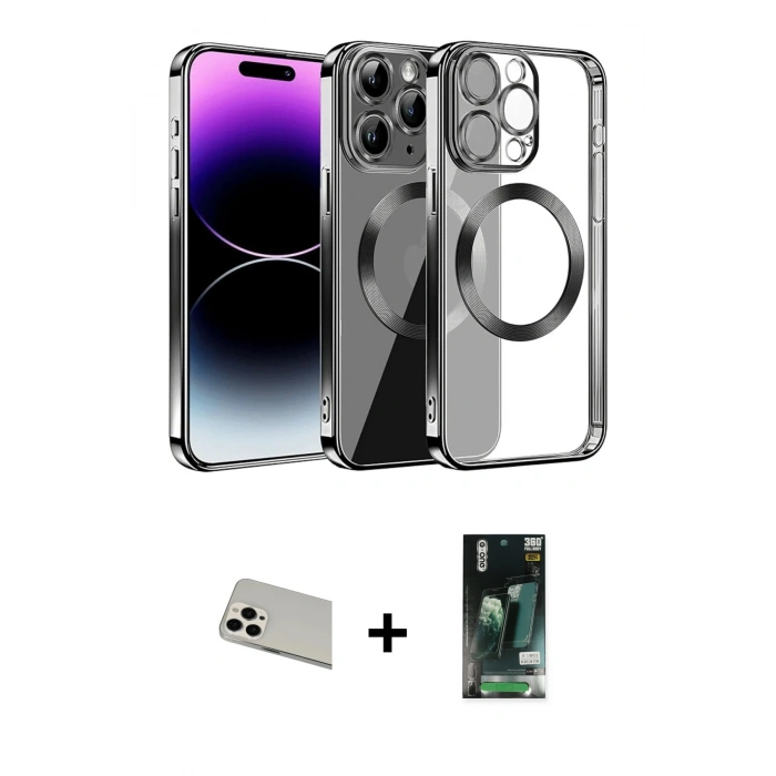 MARSİLYAN™- iPhone 13 Pro Max Kılıf Pusula Form - Şeffaf 360 Full Body Arka Koruyucu + Rainbow Kamera Lens Koruma Cam - BZ