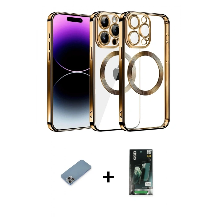 MARSİLYAN™- iPhone 13 Pro Max Kılıf Pusula Form - Şeffaf 360 Full Body Arka Koruyucu + Shine Kamera Lens Koruma Cam - GI