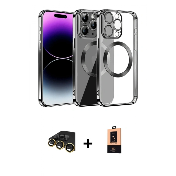 MARSİLYAN™- iPhone 13 Pro Max Kılıf Pusula Form - Şeffaf Maxco Cam Ekran Koruyucu + Raze Metal Kamera Lens - GD