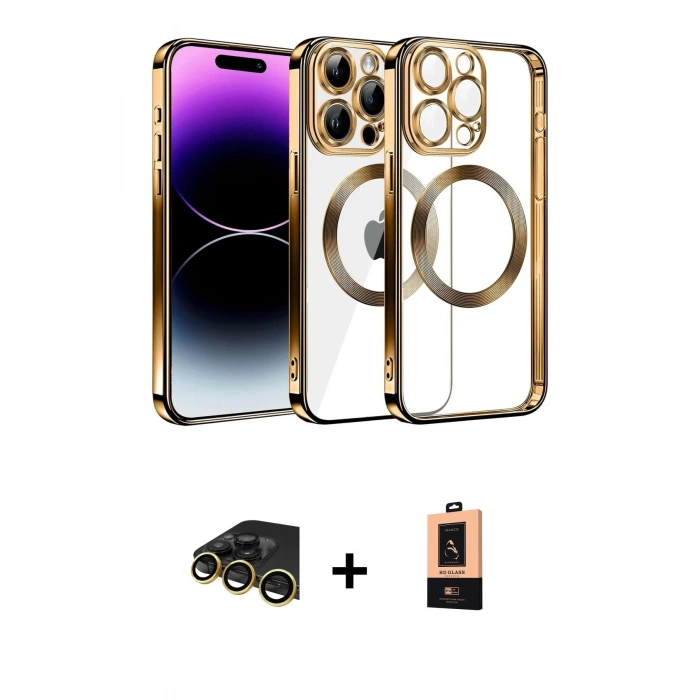 MARSİLYAN™- iPhone 13 Pro Max Kılıf Pusula Form - Şeffaf Maxco Cam Ekran Koruyucu + Raze Metal Kamera Lens - GD