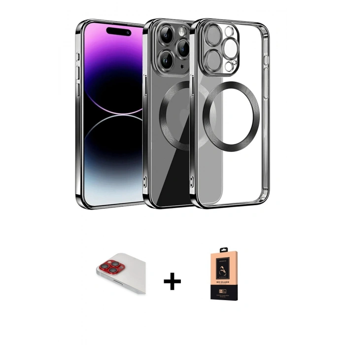 MARSİLYAN™- iPhone 13 Pro Max Kılıf Pusula Form - Şeffaf Maxco Cam Ekran Koruyucu + Pers Alüminyum Kamera Lens - KI