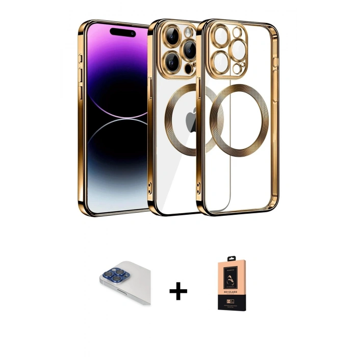 MARSİLYAN™- iPhone 13 Pro Max Kılıf Pusula Form - Şeffaf Maxco Cam Ekran Koruyucu + Lacivert Pers Alüminyum Kamera Lens