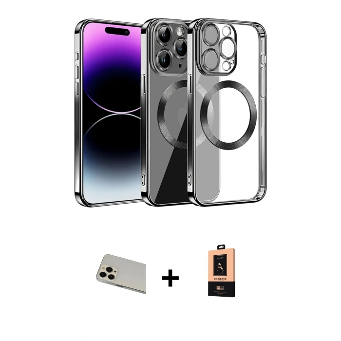 MARSİLYAN™- iPhone 13 Pro Max Kılıf Pusula Form - Şeffaf Maxco Cam Ekran Koruyucu + Rainbow Kamera Lens Koruma Cam - REGD