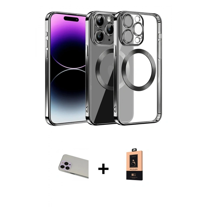 MARSİLYAN™- iPhone 13 Pro Max Kılıf Pusula Form - Şeffaf Maxco Cam Ekran Koruyucu + Rainbow Kamera Lens Koruma Cam - MR