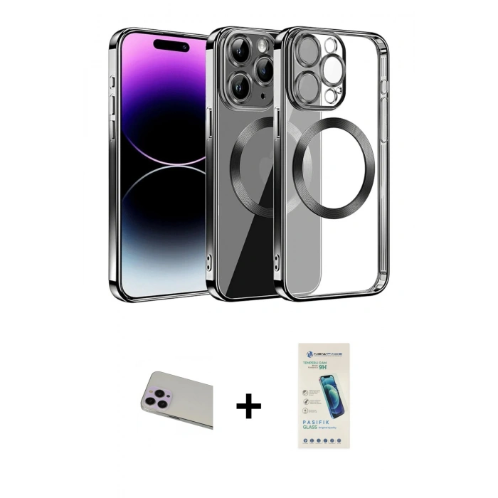 MARSİLYAN™- iPhone 13 Pro Max Kılıf Pusula Form - Şeffaf Pasifik Cam Ekran Koruyucu + Mor Rainbow Kamera Lens Koruma Cam