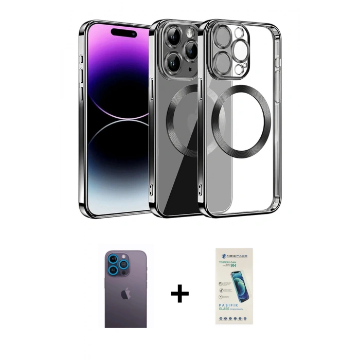MARSİLYAN™- iPhone 13 Pro Max Kılıf Pusula Form - Şeffaf Pasifik Cam Ekran Koruyucu + Neon Fosforlu Kamera Lens - MI