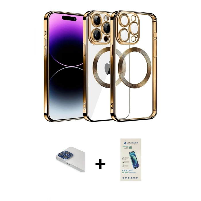 MARSİLYAN™- iPhone 13 Pro Max Kılıf Pusula Form - Şeffaf Pasifik Cam Ekran Koruyucu + Pers Alüminyum Kamera Lens - LT