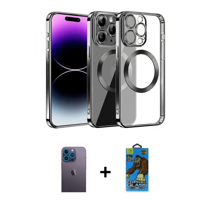 MARSİLYAN™- iPhone 13 Pro Max Kılıf Pusula Form - Siyah 18D Cam Ekran Koruyucu + Neon Fosforlu Kamera Lens - MI