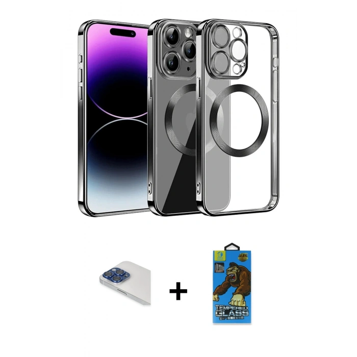 MARSİLYAN™- iPhone 13 Pro Max Kılıf Pusula Form - Siyah 18D Cam Ekran Koruyucu + Pers Alüminyum Kamera Lens - LT