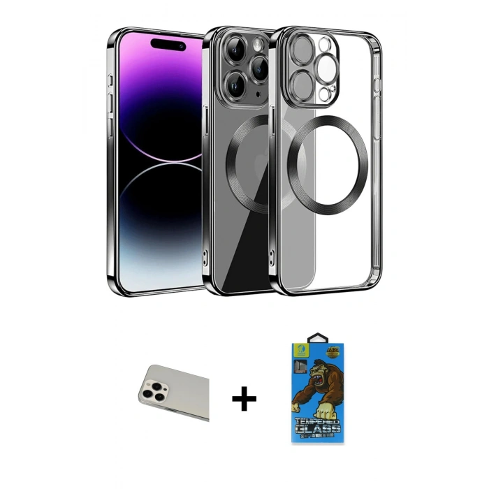 MARSİLYAN™- iPhone 13 Pro Max Kılıf Pusula Form - Siyah 18D Cam Ekran Koruyucu + Rainbow Kamera Lens Koruma Cam - BZ