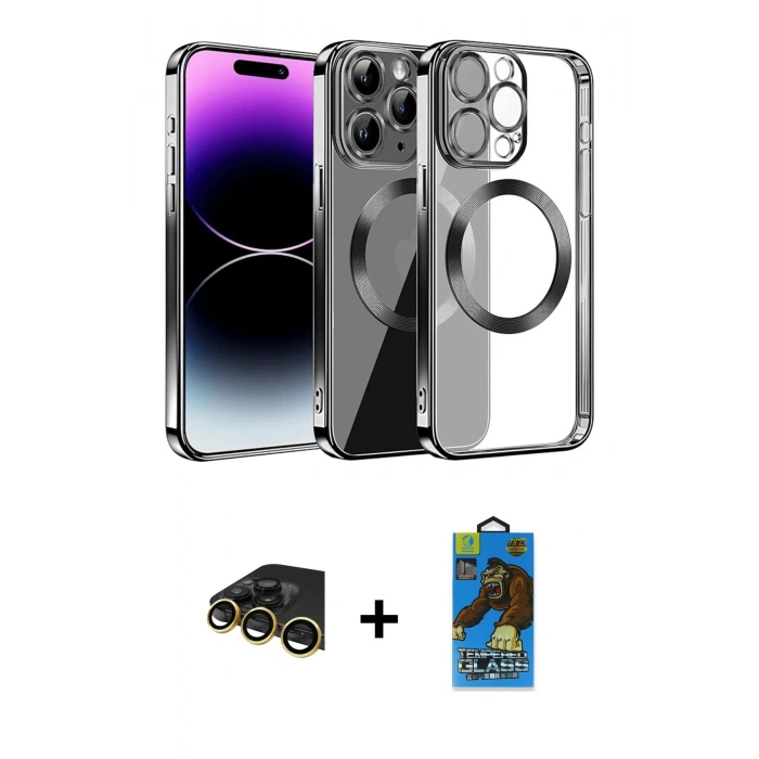 MARSİLYAN™- iPhone 13 Pro Max Kılıf Pusula Form - Siyah 18D Cam Ekran Koruyucu + Raze Metal Kamera Lens - GD