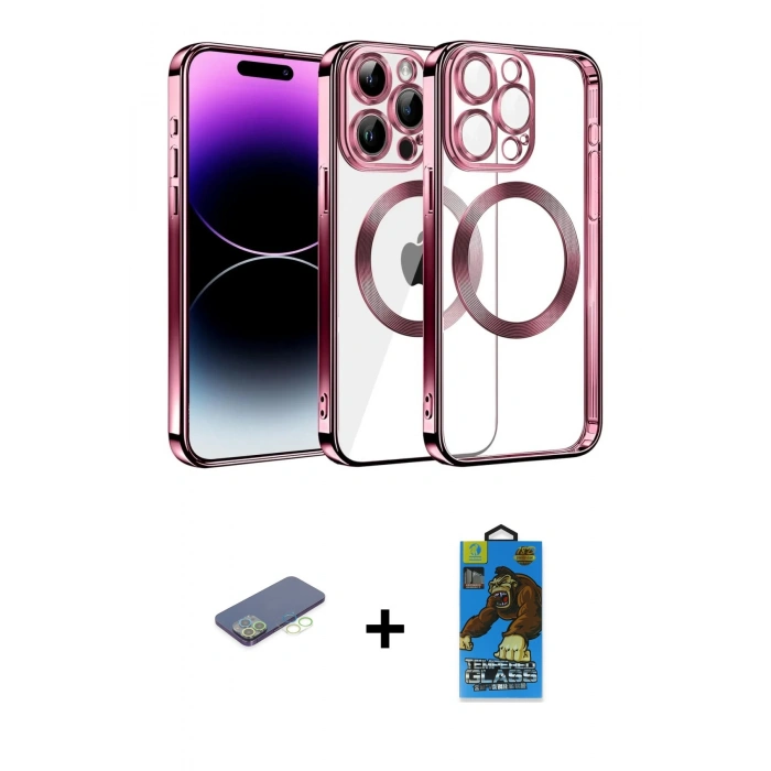 MARSİLYAN™- iPhone 13 Pro Max Kılıf Pusula Form - Siyah 18D Cam Ekran Koruyucu + Renkli Kamera Lens Koruma Cam - YL