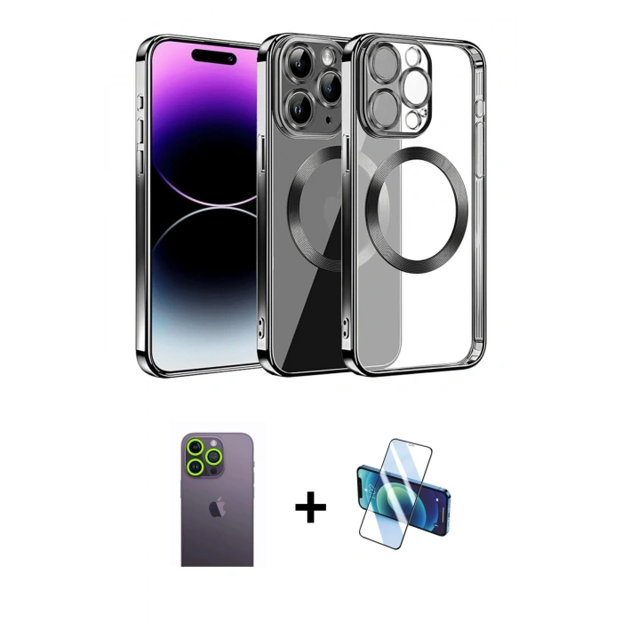 MARSİLYAN™- iPhone 13 Pro Max Kılıf Pusula Form - Siyah 3D Antistatik Cam Ekran Koruyucu + Neon Fosforlu Kamera Lens - YL
