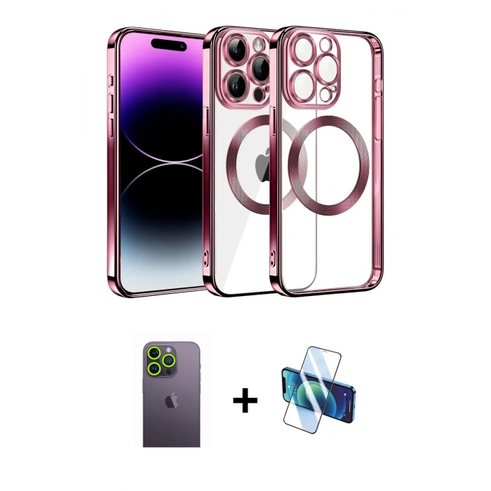 MARSİLYAN™- iPhone 13 Pro Max Kılıf Pusula Form - Siyah 3D Antistatik Cam Ekran Koruyucu + Neon Fosforlu Kamera Lens - YL