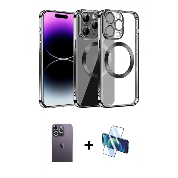 MARSİLYAN™- iPhone 13 Pro Max Kılıf Pusula Form - Siyah 3D Antistatik Cam Ekran Koruyucu + Neon Fosforlu Kamera Lens - BZ