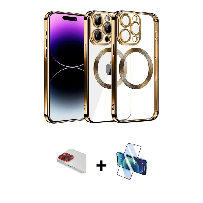 MARSİLYAN™- iPhone 13 Pro Max Kılıf Pusula Form - Siyah 3D Antistatik Cam Ekran Koruyucu + Pers Alüminyum Kamera Lens - KI