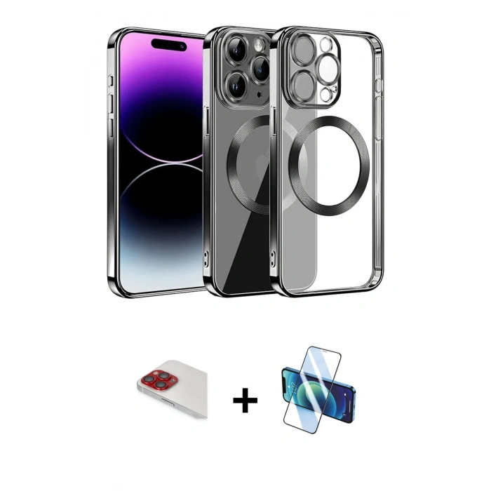MARSİLYAN™- iPhone 13 Pro Max Kılıf Pusula Form - Siyah 3D Antistatik Cam Ekran Koruyucu + Pers Alüminyum Kamera Lens - KI