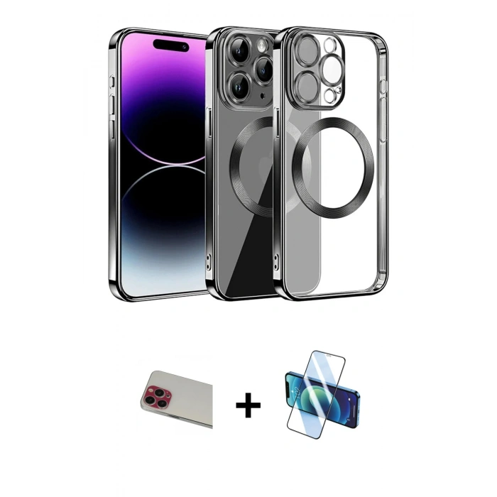 MARSİLYAN™- iPhone 13 Pro Max Kılıf Pusula Form - Siyah 3D Antistatik Cam Ekran Koruyucu + Rainbow Kamera Lens Koruma Cam - KI