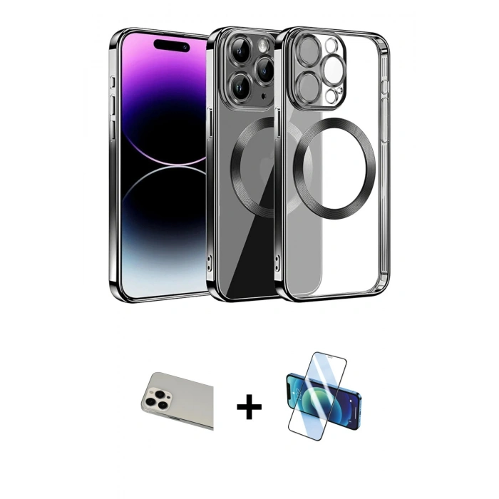 MARSİLYAN™- iPhone 13 Pro Max Kılıf Pusula Form - Siyah 3D Antistatik Cam Ekran Koruyucu + Rainbow Kamera Lens Koruma Cam - BZ