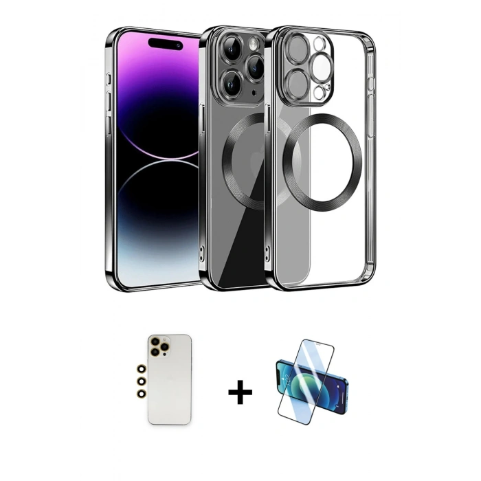 MARSİLYAN™- iPhone 13 Pro Max Kılıf Pusula Form - Siyah 3D Antistatik Cam Ekran Koruyucu + Shine Kamera Lens - GD