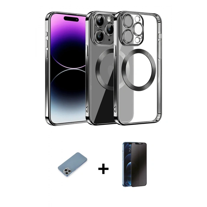 MARSİLYAN™- iPhone 13 Pro Max Kılıf Pusula Form - Siyah 3D Antistatik Hayalet Cam Ekran Koruyucu + Shine Kamera Lens Koruma Cam - GI