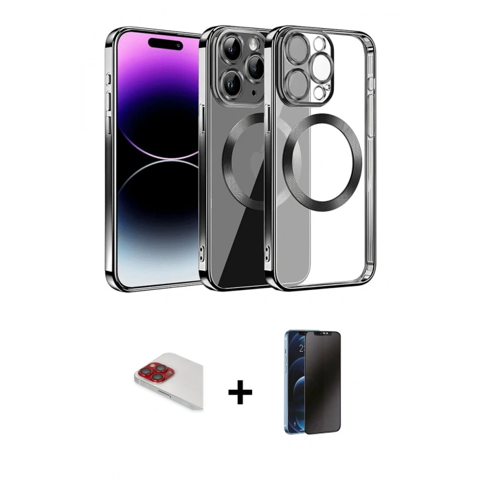 MARSİLYAN™- iPhone 13 Pro Max Kılıf Pusula Form - Siyah 3D Antistatik Hayalet Cam Ekran Koruyucu + Pers Alüminyum Kamera Lens - KI