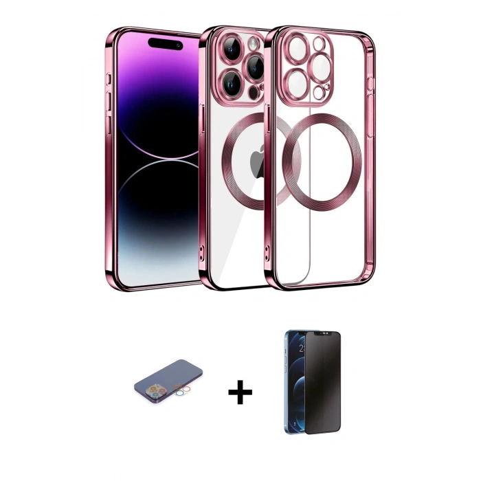 MARSİLYAN™- iPhone 13 Pro Max Kılıf Pusula Form - Siyah 3D Antistatik Hayalet Cam Ekran Koruyucu + Renkli Kamera Lens Koruma Cam - PE