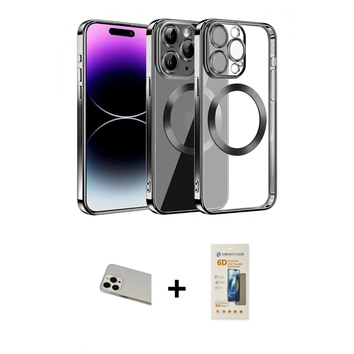 MARSİLYAN™- iPhone 13 Pro Max Kılıf Pusula Form - Siyah 6D Mat Seramik Hayalet Nano Ekran Koruyucu + Beyaz Rainbow Kamera Lens Koruma Cam