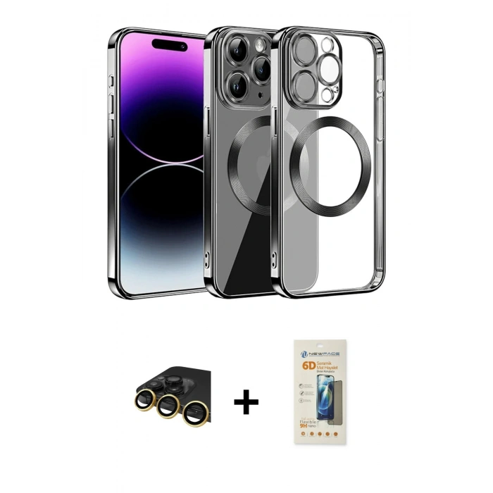 MARSİLYAN™- iPhone 13 Pro Max Kılıf Pusula Form - Siyah 6D Mat Seramik Hayalet Nano Ekran Koruyucu + Gold Raze Metal Kamera Lens