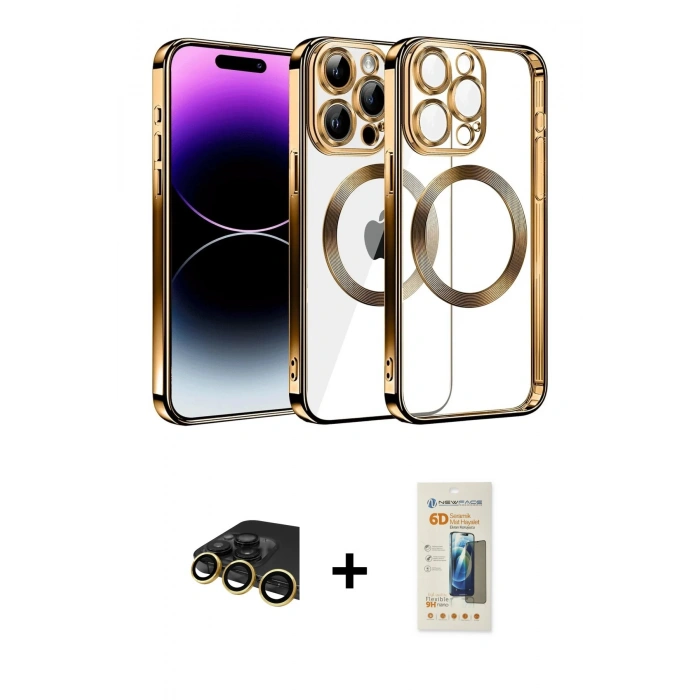 MARSİLYAN™- iPhone 13 Pro Max Kılıf Pusula Form - Siyah 6D Mat Seramik Hayalet Nano Ekran Koruyucu + Gold Raze Metal Kamera Lens