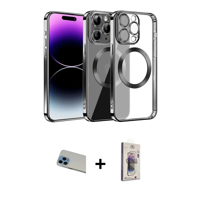 MARSİLYAN™- iPhone 13 Pro Max Kılıf Pusula Form - Siyah Bilvis 3D Cam Ekran Koruyucu + Rainbow Kamera Lens Koruma Cam - MI