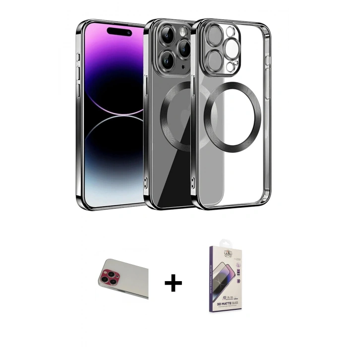 MARSİLYAN™- iPhone 13 Pro Max Kılıf Pusula Form - Siyah Bilvis 3D Mat Cam Ekran Koruyucu + Rainbow Kamera Lens Koruma Cam - KI