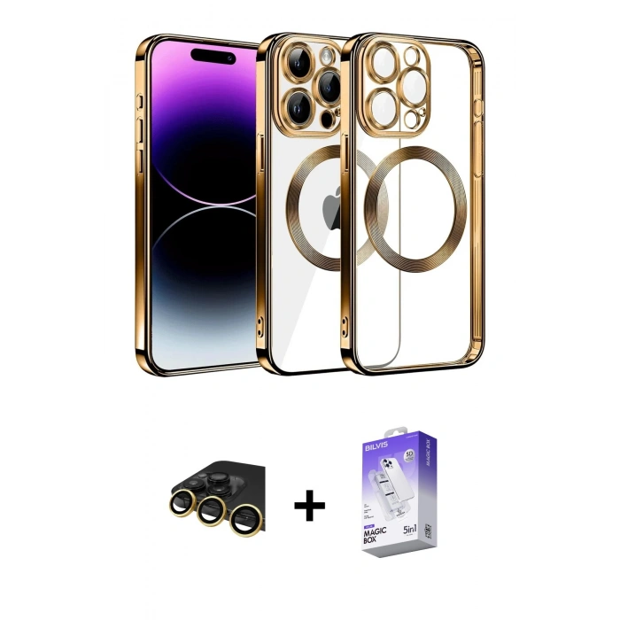 MARSİLYAN™- iPhone 13 Pro Max Kılıf Pusula Form - Siyah Bilvis 5in1 3D Magic Cam Ekran Koruyucu + Gold Raze Metal Kamera Lens