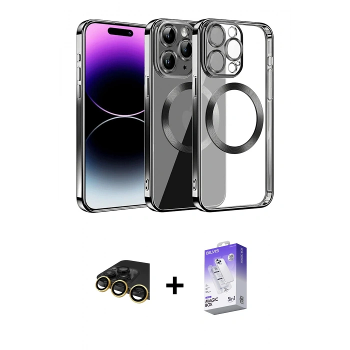 MARSİLYAN™- iPhone 13 Pro Max Kılıf Pusula Form - Siyah Bilvis 5in1 3D Magic Cam Ekran Koruyucu + Gold Raze Metal Kamera Lens
