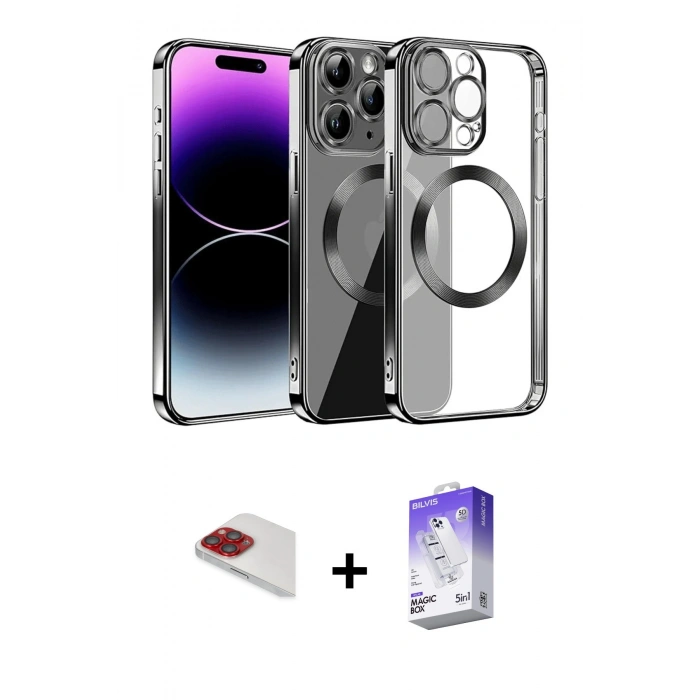 MARSİLYAN™- iPhone 13 Pro Max Kılıf Pusula Form - Siyah Bilvis 5in1 3D Magic Cam Ekran Koruyucu + Pers Alüminyum Kamera Lens - KI