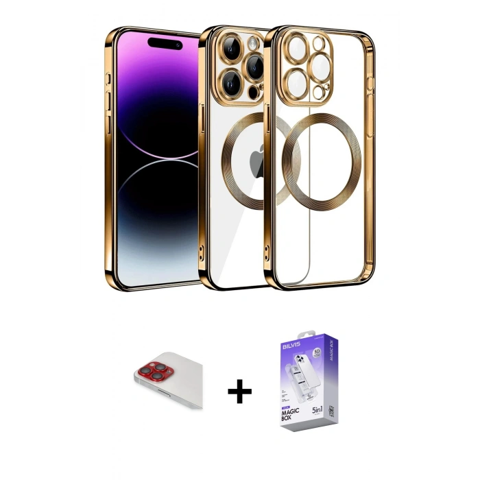 MARSİLYAN™- iPhone 13 Pro Max Kılıf Pusula Form - Siyah Bilvis 5in1 3D Magic Cam Ekran Koruyucu + Pers Alüminyum Kamera Lens - KI