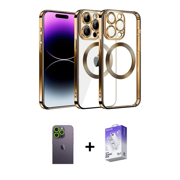 MARSİLYAN™- iPhone 13 Pro Max Kılıf Pusula Form - Siyah Bilvis 5in1 3D Magic Cam Ekran Koruyucu + Neon Fosforlu Kamera Lens - YL