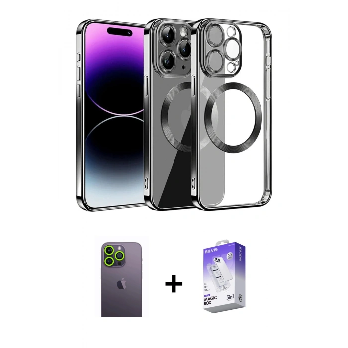 MARSİLYAN™- iPhone 13 Pro Max Kılıf Pusula Form - Siyah Bilvis 5in1 3D Magic Cam Ekran Koruyucu + Neon Fosforlu Kamera Lens - YL