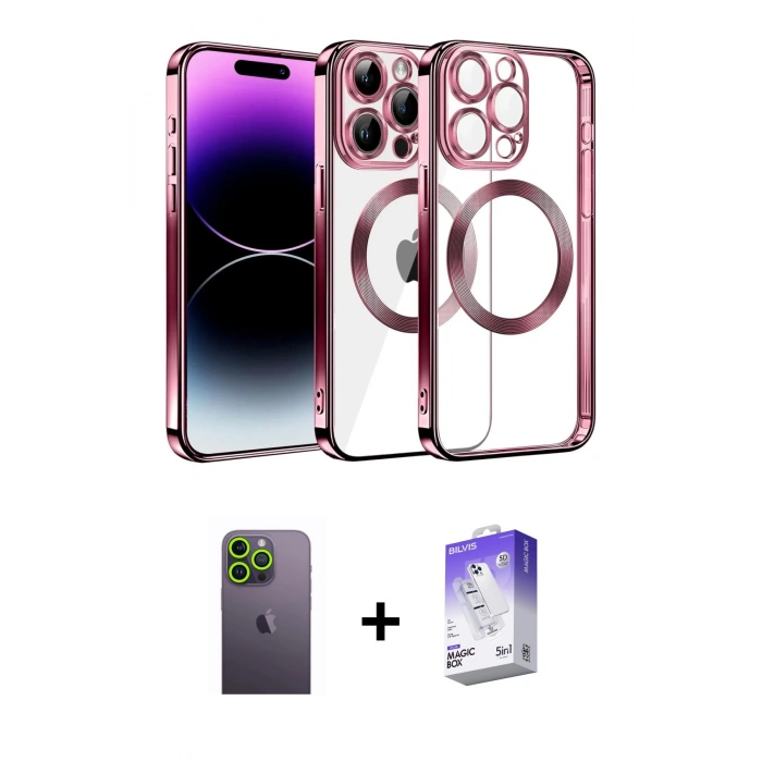 MARSİLYAN™- iPhone 13 Pro Max Kılıf Pusula Form - Siyah Bilvis 5in1 3D Magic Cam Ekran Koruyucu + Neon Fosforlu Kamera Lens - YL