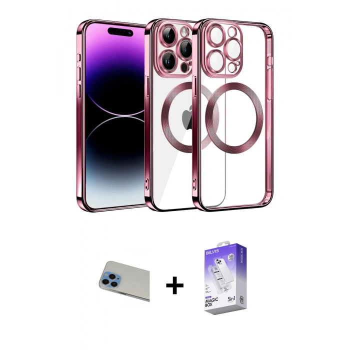 MARSİLYAN™- iPhone 13 Pro Max Kılıf Pusula Form - Siyah Bilvis 5in1 3D Magic Cam Ekran Koruyucu + Rainbow Kamera Lens Koruma Cam - MI