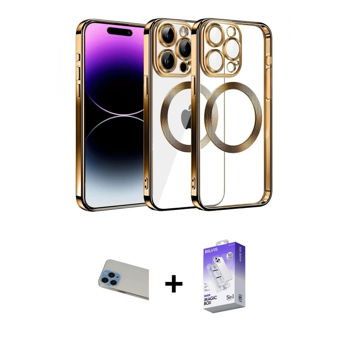 MARSİLYAN™- iPhone 13 Pro Max Kılıf Pusula Form - Siyah Bilvis 5in1 3D Magic Cam Ekran Koruyucu + Rainbow Kamera Lens Koruma Cam - MI