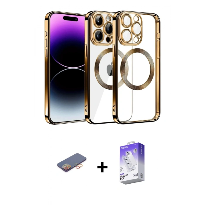 MARSİLYAN™- iPhone 13 Pro Max Kılıf Pusula Form - Siyah Bilvis 5in1 3D Magic Cam Ekran Koruyucu + Renkli Kamera Lens Koruma Cam - TU