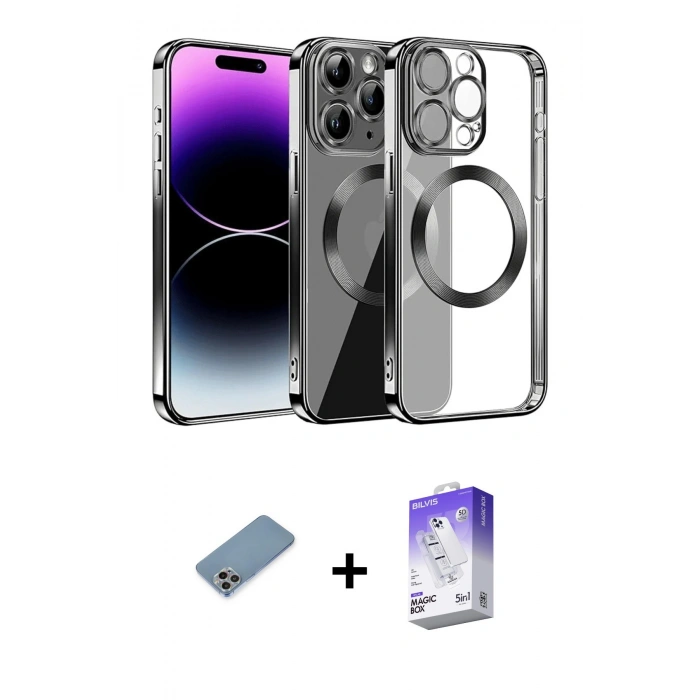 MARSİLYAN™- iPhone 13 Pro Max Kılıf Pusula Form - Siyah Bilvis 5in1 3D Magic Cam Ekran Koruyucu + Shine Kamera Lens Koruma Cam - GI