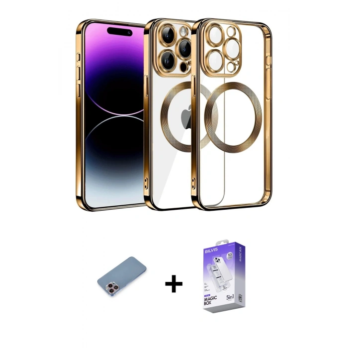 MARSİLYAN™- iPhone 13 Pro Max Kılıf Pusula Form - Siyah Bilvis 5in1 3D Magic Cam Ekran Koruyucu + Shine Kamera Lens Koruma Cam - PE