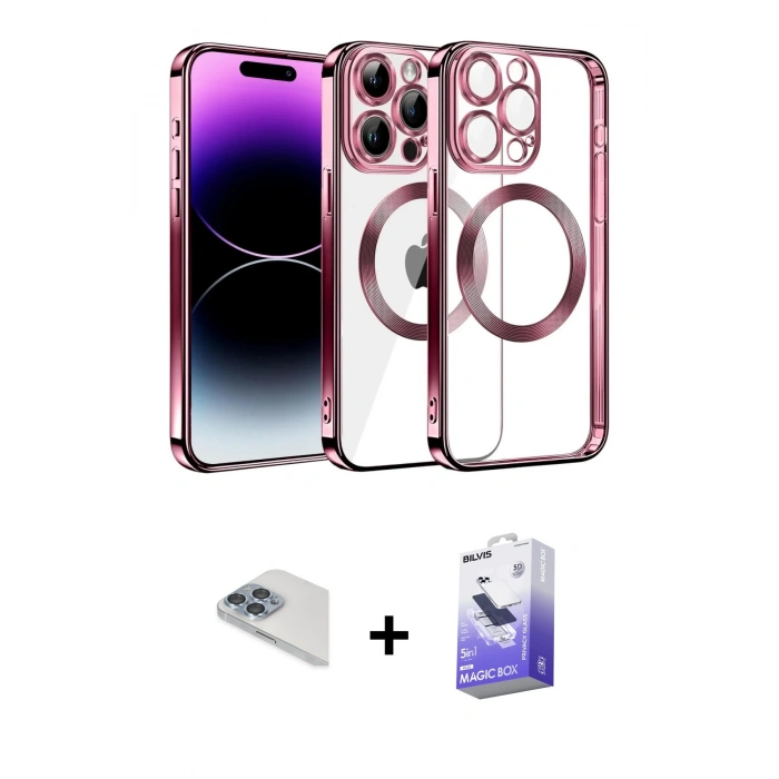 MARSİLYAN™- iPhone 13 Pro Max Kılıf Pusula Form - Siyah Bilvis 5in1 5D Magic Hayalet Cam Ekran Koruyucu + Pers Alüminyum Kamera Lens - SABE