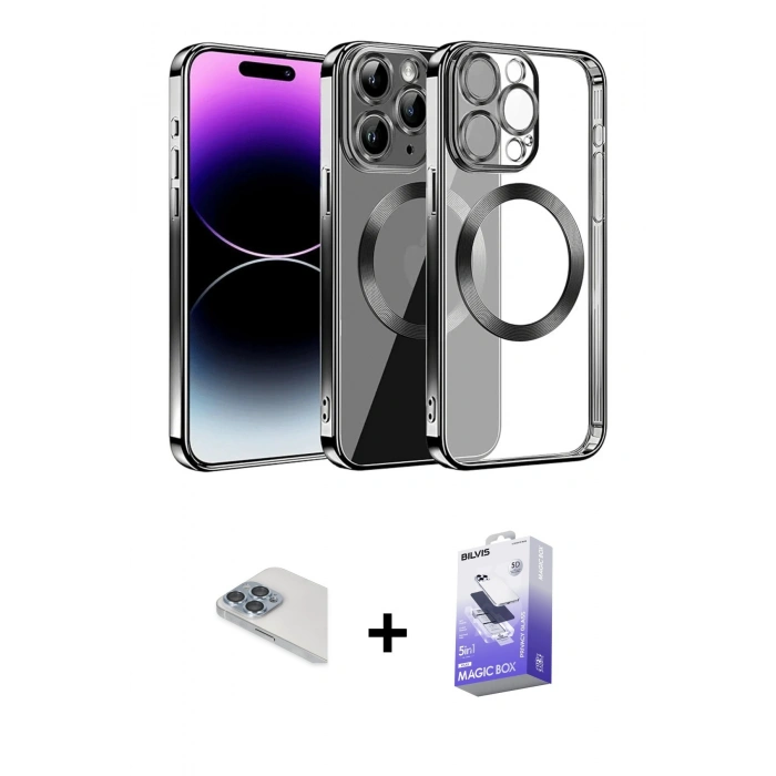MARSİLYAN™- iPhone 13 Pro Max Kılıf Pusula Form - Siyah Bilvis 5in1 5D Magic Hayalet Cam Ekran Koruyucu + Pers Alüminyum Kamera Lens - SABE