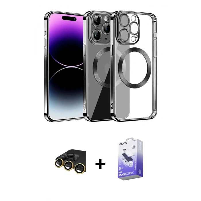 MARSİLYAN™- iPhone 13 Pro Max Kılıf Pusula Form - Siyah Bilvis 5in1 5D Magic Hayalet Cam Ekran Koruyucu + Raze Metal Kamera Lens - GD