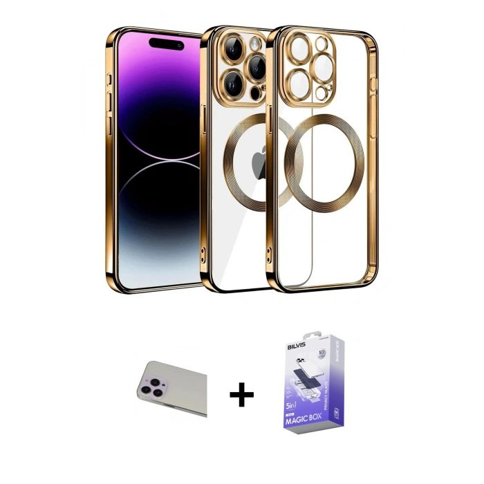 MARSİLYAN™- iPhone 13 Pro Max Kılıf Pusula Form - Siyah Bilvis 5in1 5D Magic Hayalet Cam Ekran Koruyucu + Rainbow Kamera Lens Koruma Cam - MR