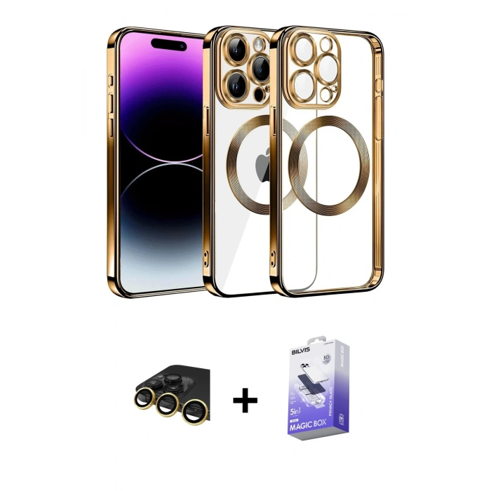 MARSİLYAN™- iPhone 13 Pro Max Kılıf Pusula Form - Siyah Bilvis 5in1 5D Magic Hayalet Cam Ekran Koruyucu + Raze Metal Kamera Lens - GD